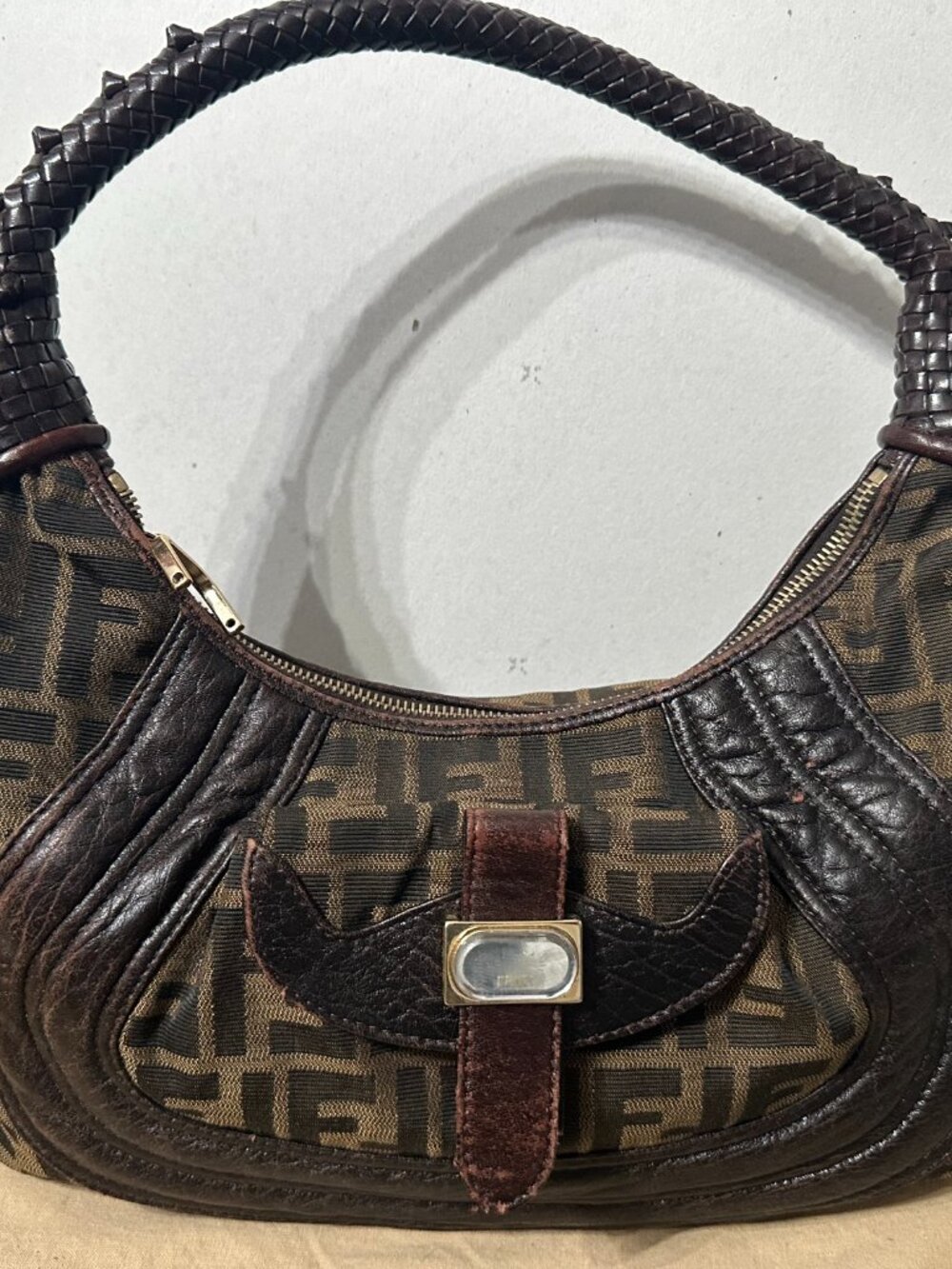 Fendi Zucca FF Monogram Spy Hobo Braided Handle Ostrich Original Tag Missing zip - Picture 2 of 12